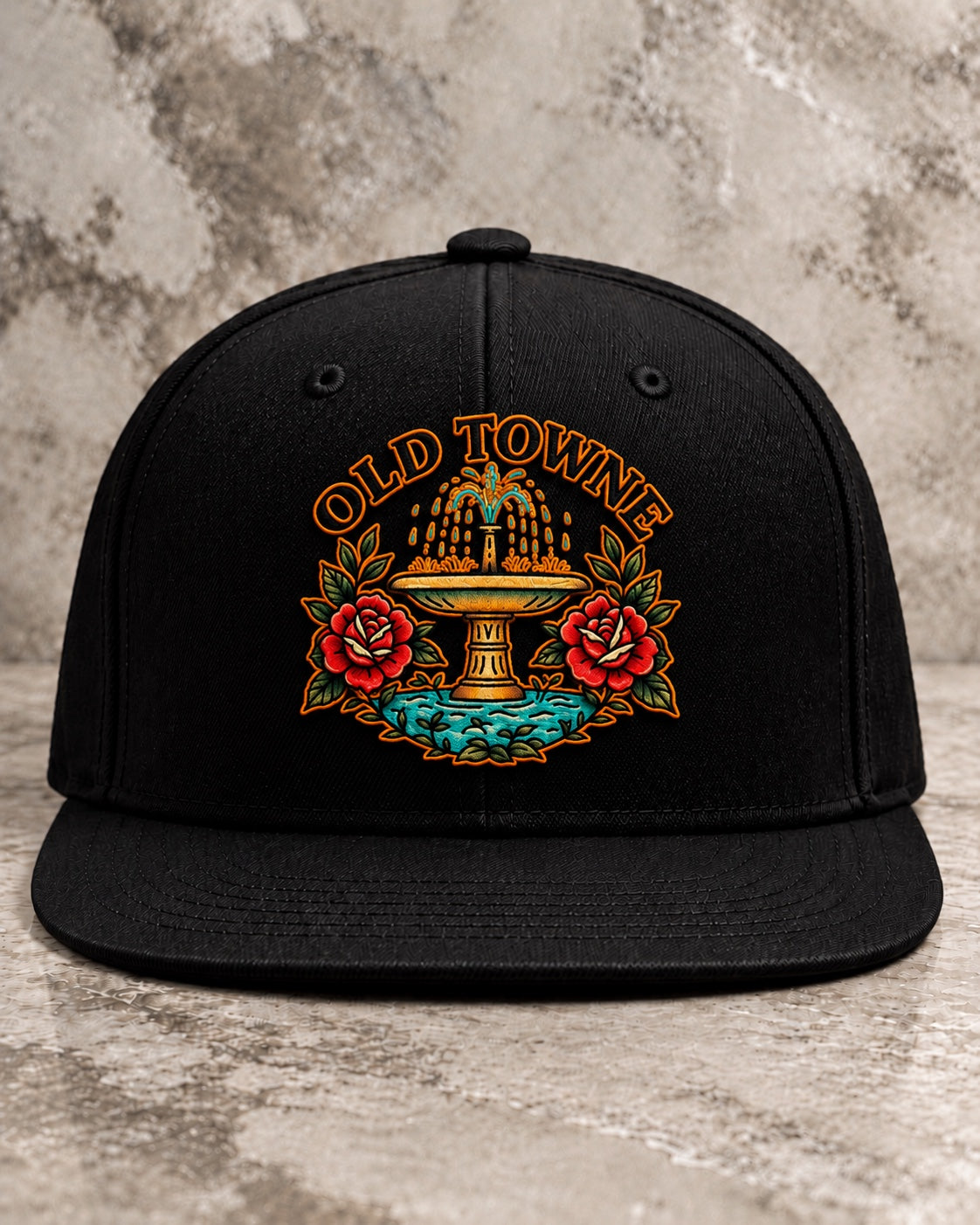 OLDTWN black solid-back flat-bill snapback with Old Towne fountain, red roses and multicolor front embroidery