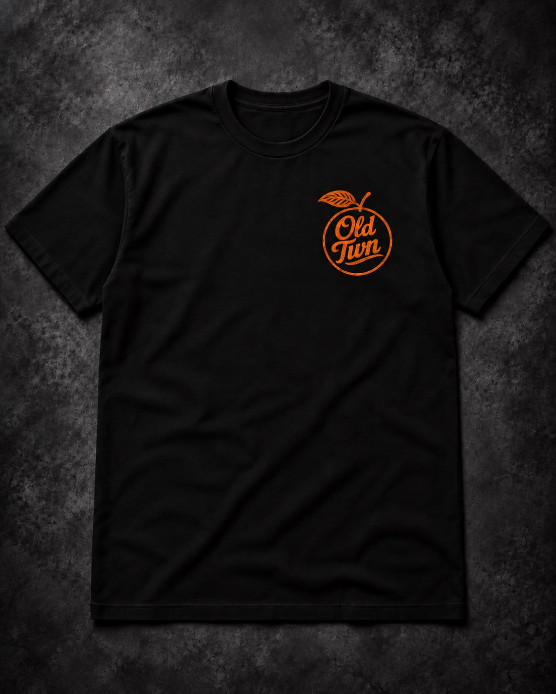 Old Twn orange chest logo on black tee
