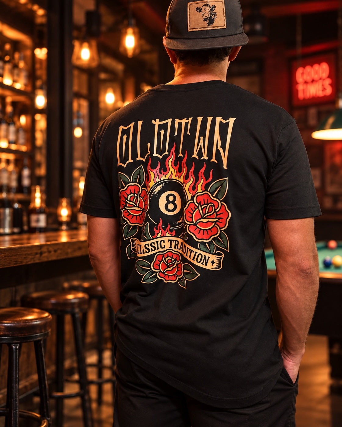 OLDTWN Classic Tradition 8 Ball black tee lifestyle back view