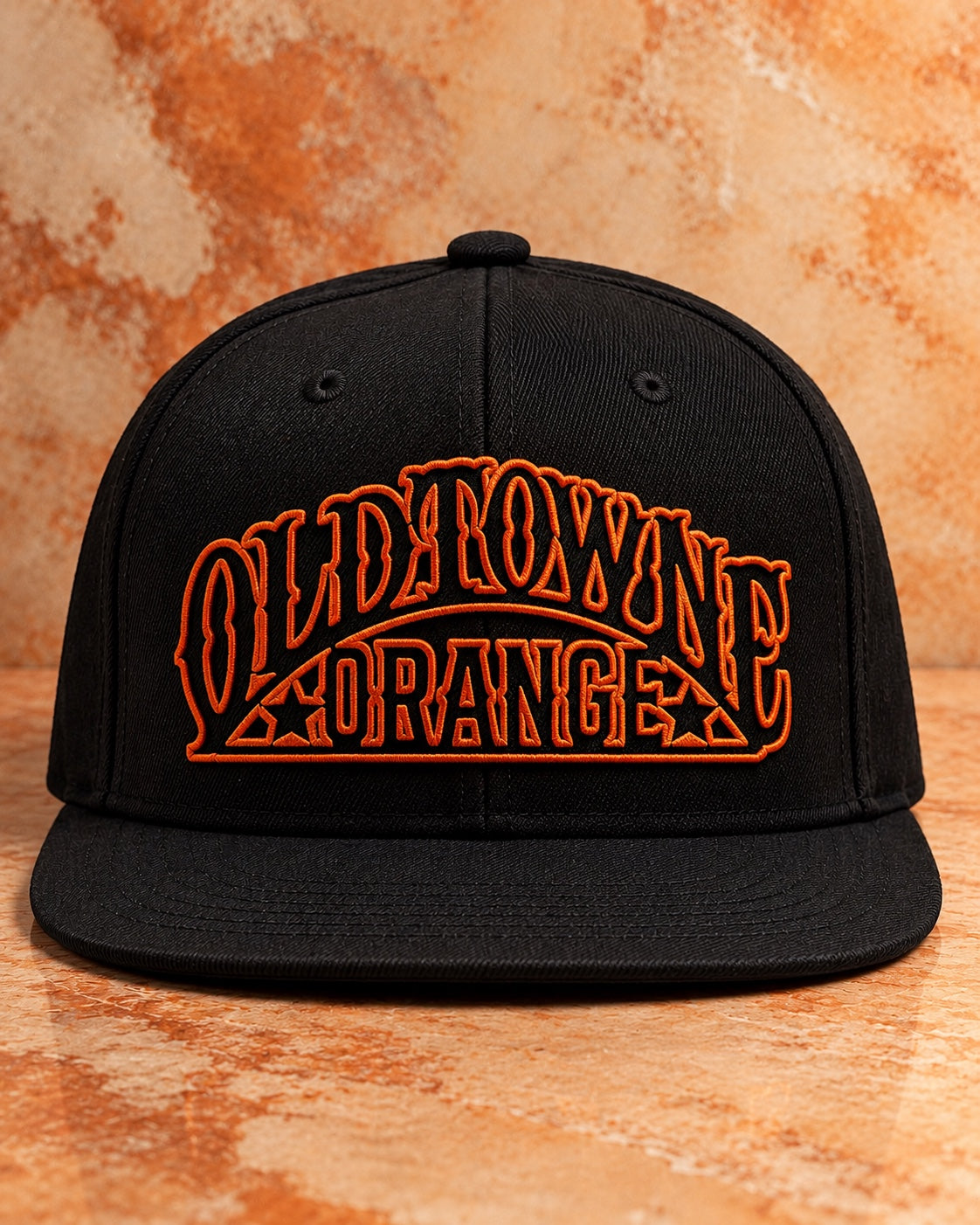 OLDTWN black flat-bill Old Towne Orange snapback with orange embroidered front logo