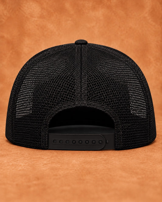 OLDTWN black mesh-back snapback with adjustable closure, rear view