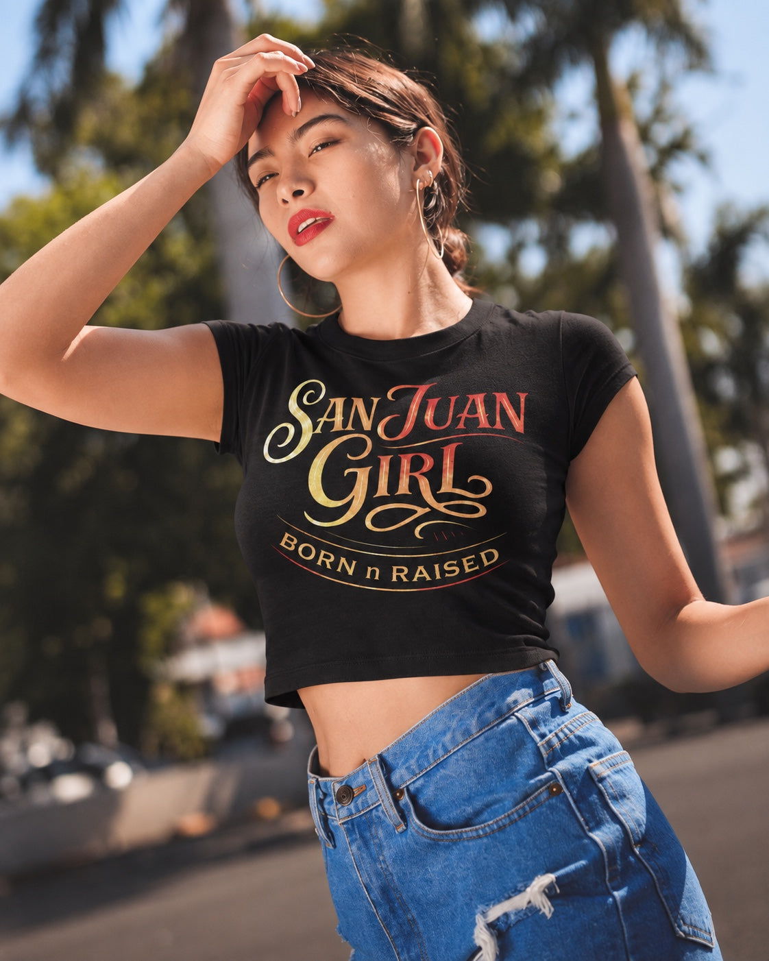 San Juan Girl black crop top on model