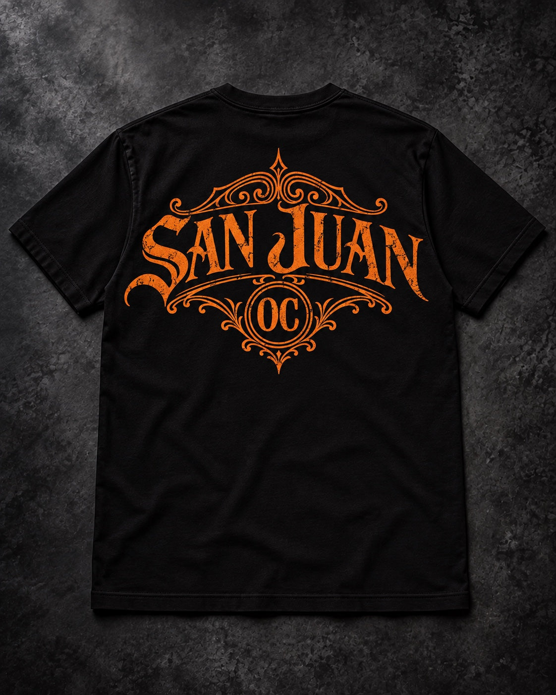 San Juan OC black tee back design