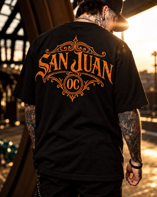 San Juan OC black tee on model, back view